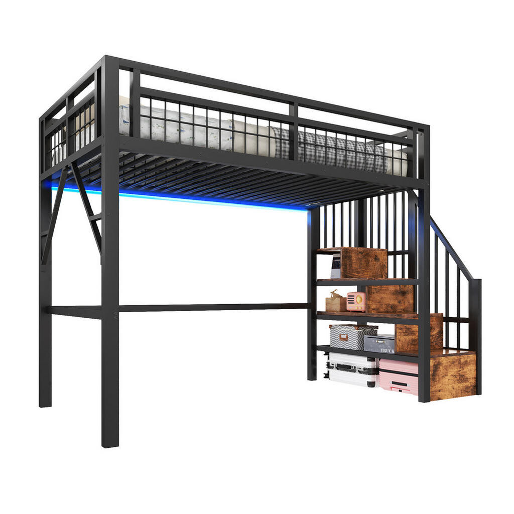 OKWISH PATROVÁ postel 90/200 cm černá z kovu a MDF s LED osvětlením a schůdky