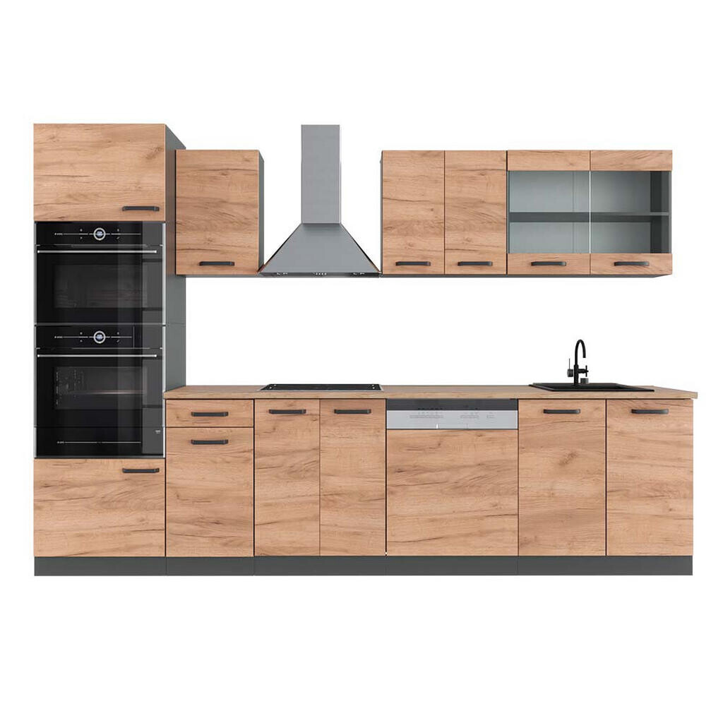 Vicco KUCHYŇSKÝ KOUT R-Line Zlatý mocný dub 300 cm s vysokou skříní, PD Dub