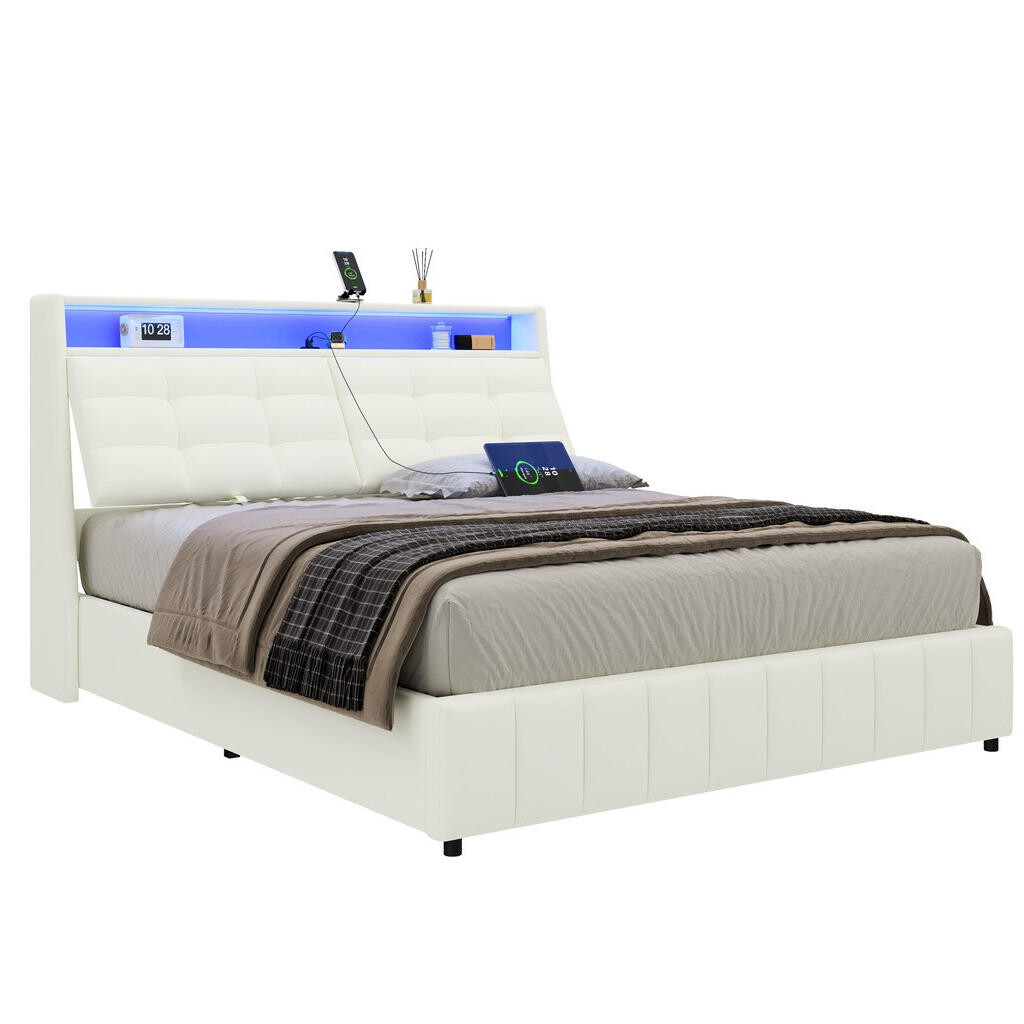 OKWISH ČALOUNĚNÁ postel 160/200 cm bílá z MDF a překližky s LED, USB a úložným prostorem