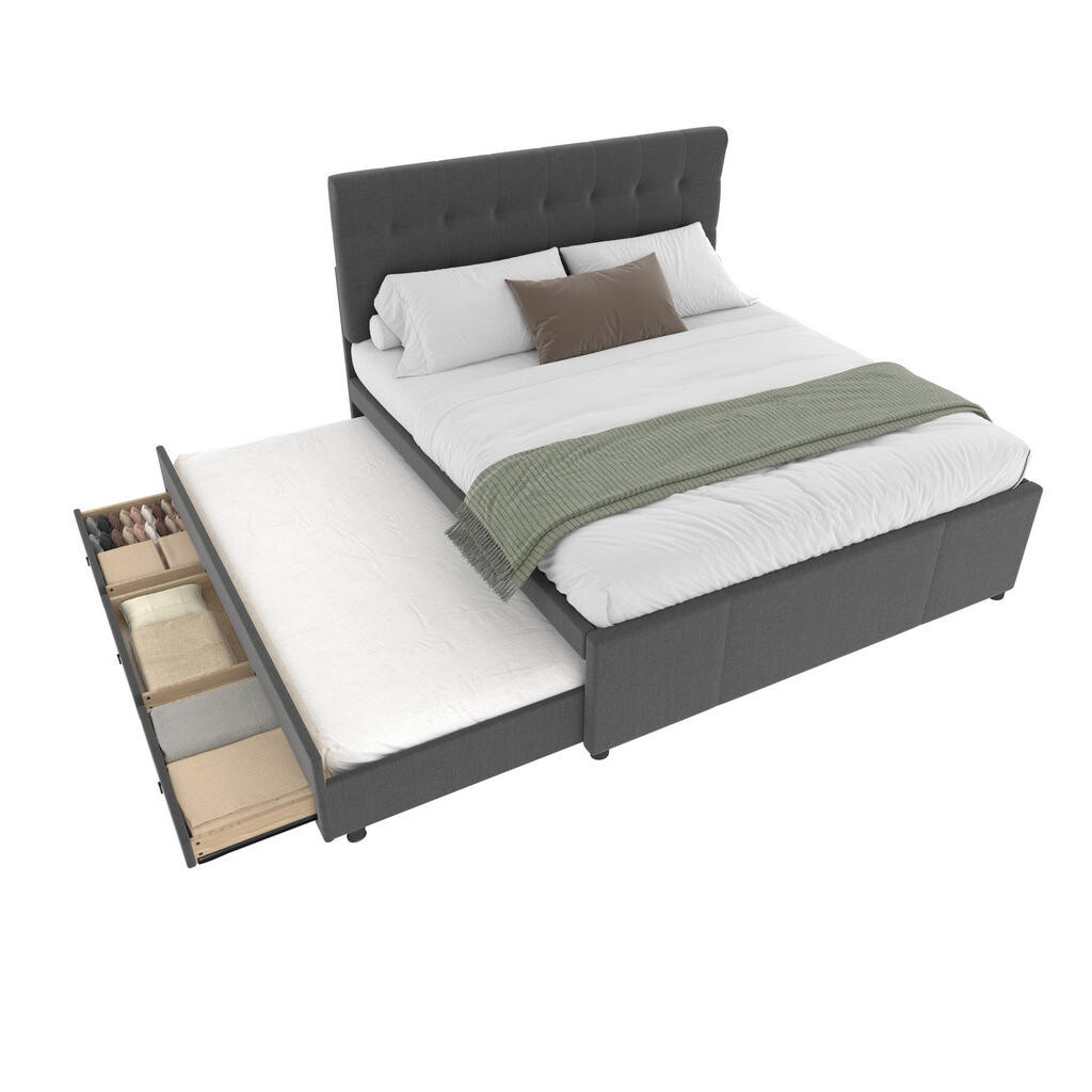 OKWISH ČALOUNĚNÁ postel 140/200 cm šedá z lněné tkaniny s výsuvným lůžkem a 3 zásuvkami