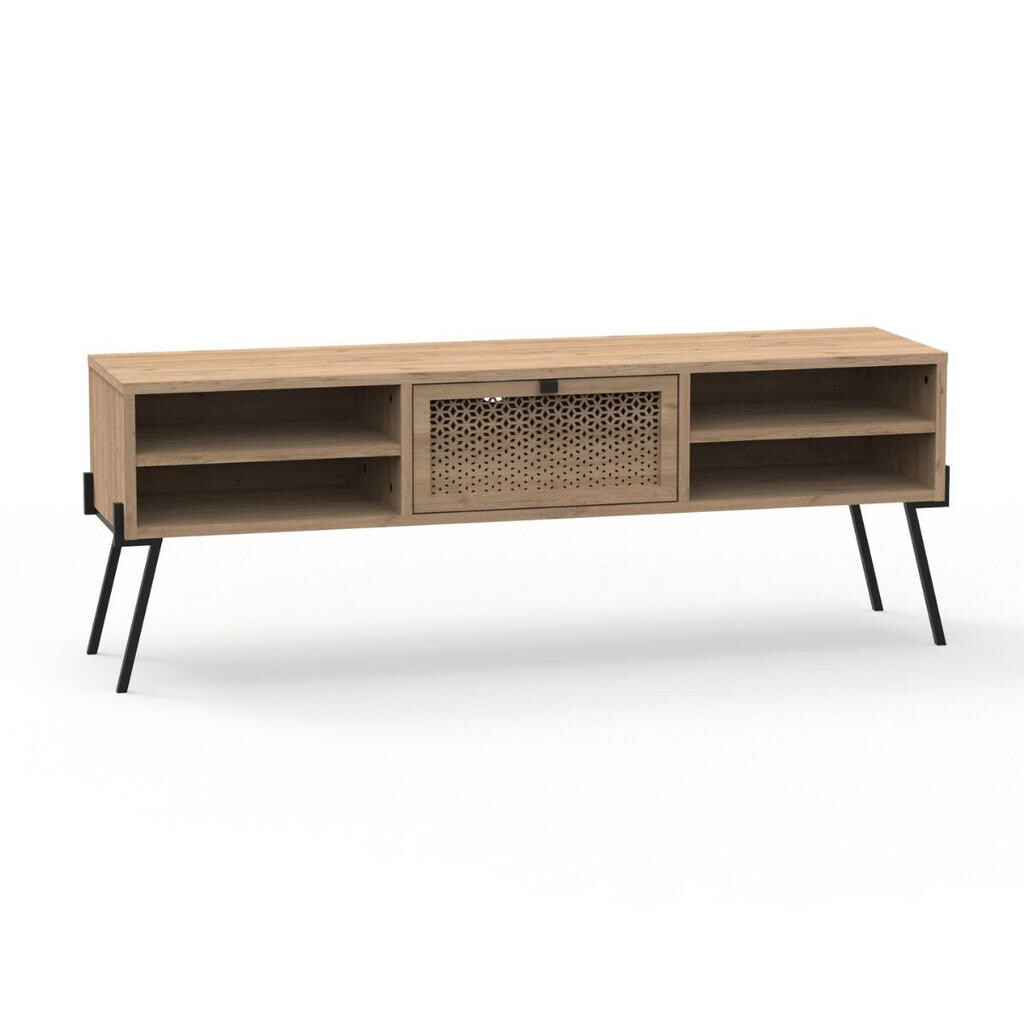 Calicosy TV stolek s 1 dvířky, 4 policemi a kovovými nohami, šířka 140 cm - Evan