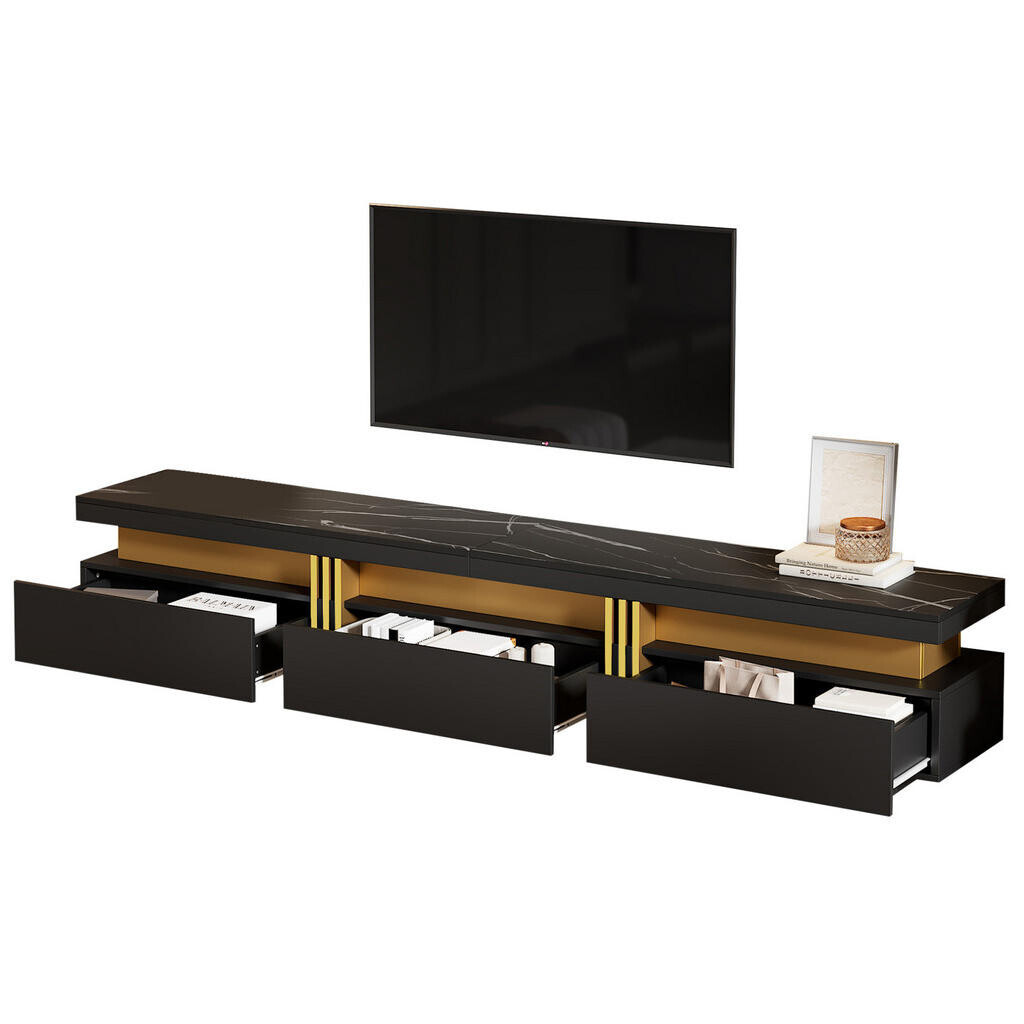 Redom TV stolek 200/40/42 cm s mramorovým dekorem, 3 zásuvkami a vedením kabelů, Černá