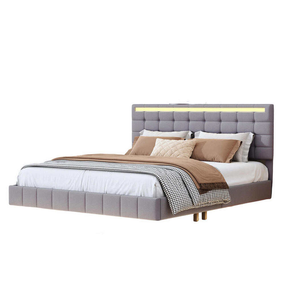 SHOPENTRA ČALOUNĚNÁ postel 160/200 cm šedá s LED, USB a čelem