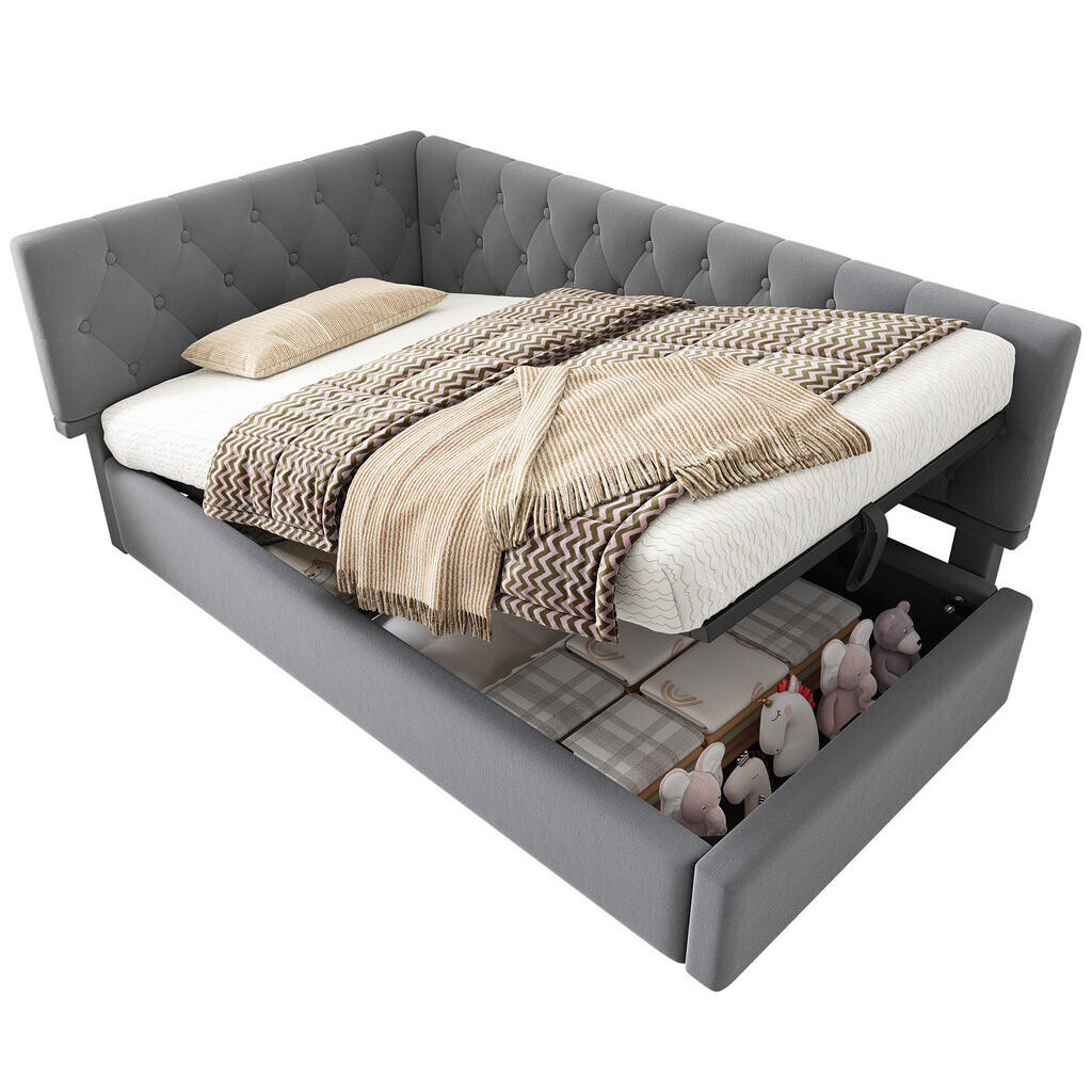 OKWISH ČALOUNĚNÁ postel 90/190 cm šedá ze sametu s hydraulickým úložným prostorem