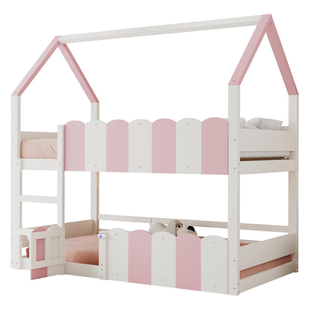 OKWISH DĚTSKÁ palanda 90/200 cm s designem domečku a bezpečnostním zábradlím v růžové a bílé barvě