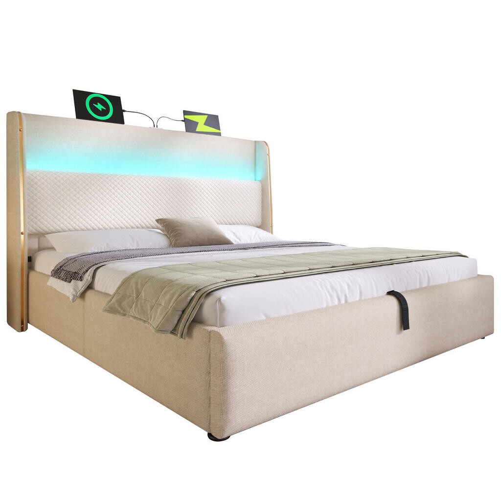 Redom ČALOUNĚNÁ postel 160/200 cm s LED osvětlením, USB a USB-C, hydraulickým úložným prostorem a lněným vzhledem, Béžová