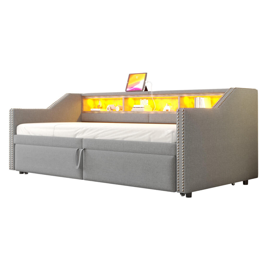 FLIEKS ČALOUNĚNÁ POSTEL, 90/180×200 cm, LED, USB, světle šedá