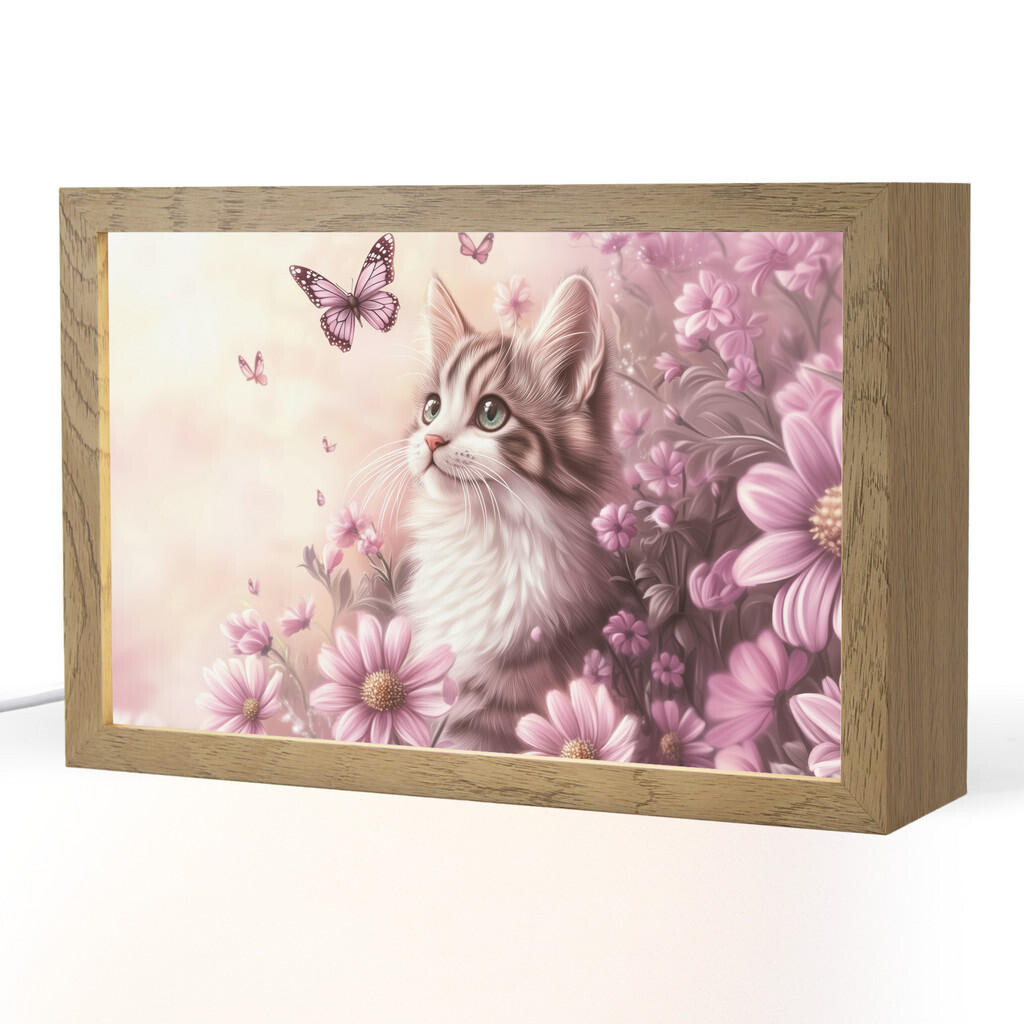 OnlyWow NOČNÍ LAMPIČKA Koťátko - Květiny - Motýli - Fialová 30x20 cm