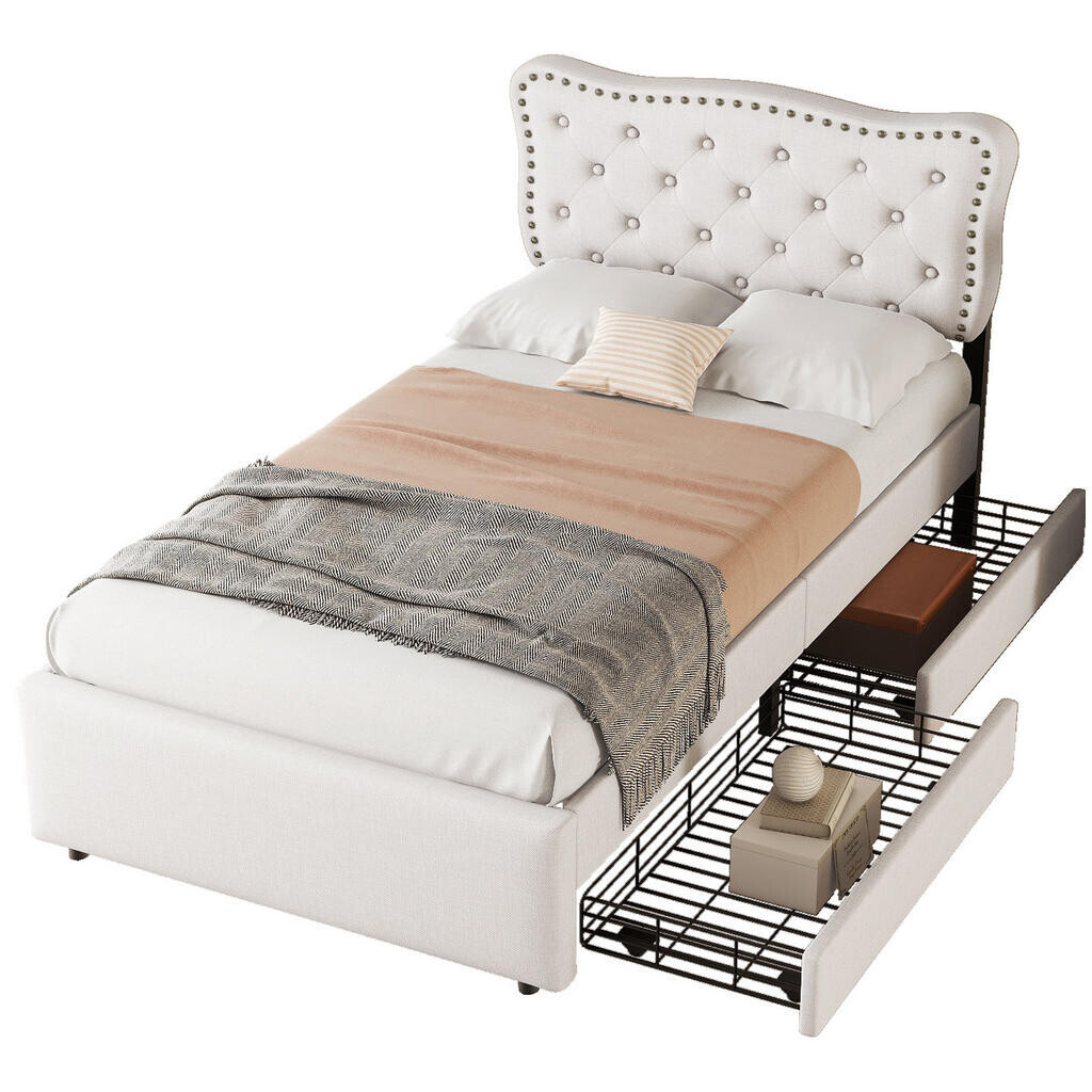OKWISH ČALOUNĚNÁ postel 90/200 cm světle béžová z MDF a lnu se 2 zásuvkami a nastavitelným čelem