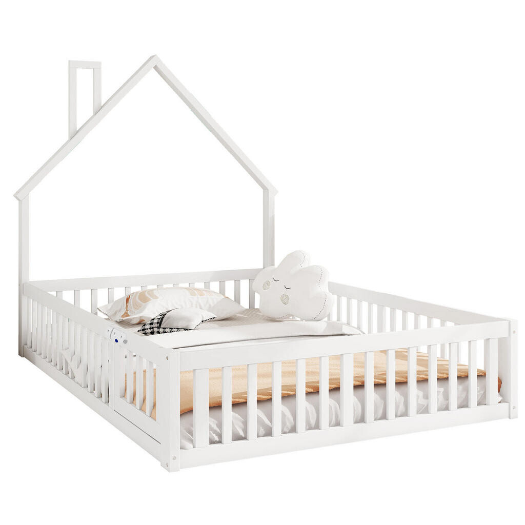 OKWISH DĚTSKÁ postel 140/190 cm bílá z borovice a MDF se zábradlím a komínovým motivem