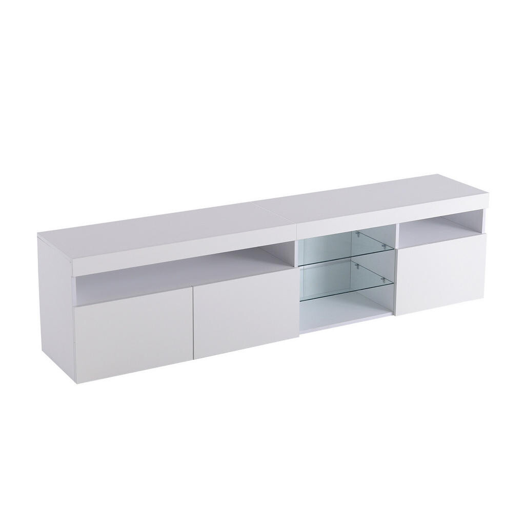 Redom TV stolek 180/35/48 cm s variabilním LED osvětlením, lesklými dvířky a skleněným laminem, Bílá