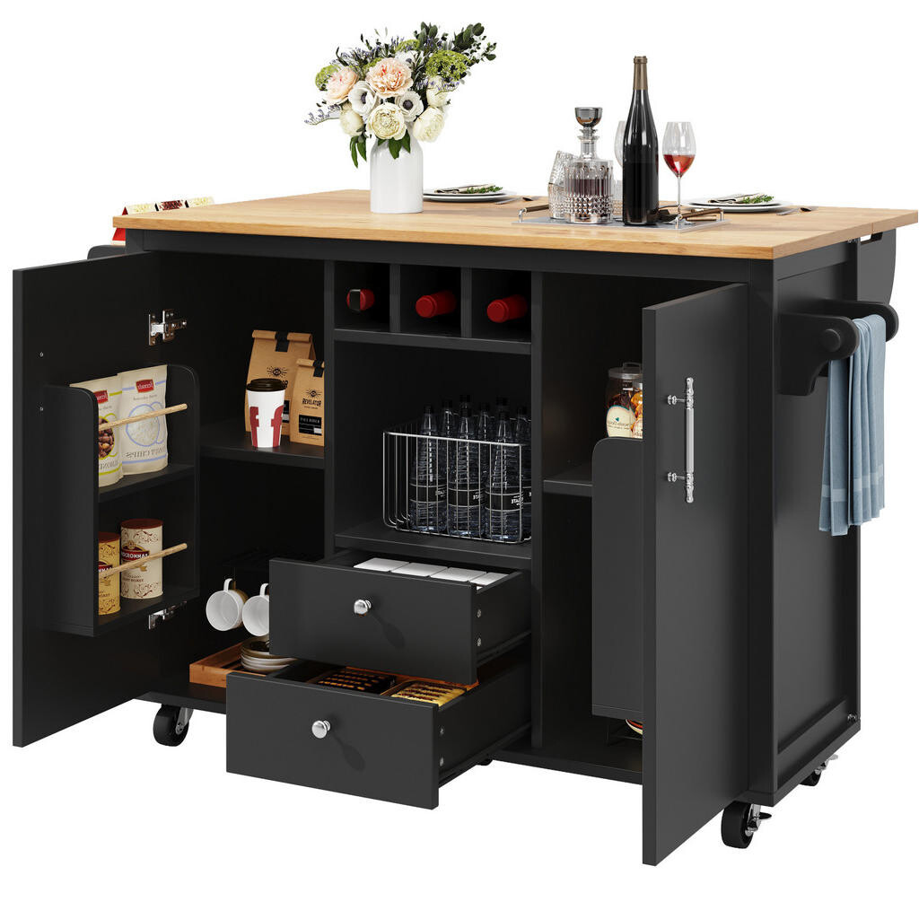 OKWISH KUCHYŇSKÝ ostrůvek 137,9/73/92,2 cm černý z MDF a kovu s klopnou pracovní deskou a kolečky