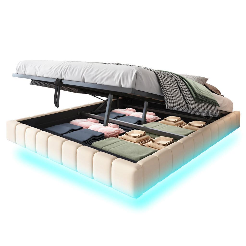 OKWISH ČALOUNĚNÁ postel 160/200 cm béžová z látky s LED osvětlením a úložným prostorem