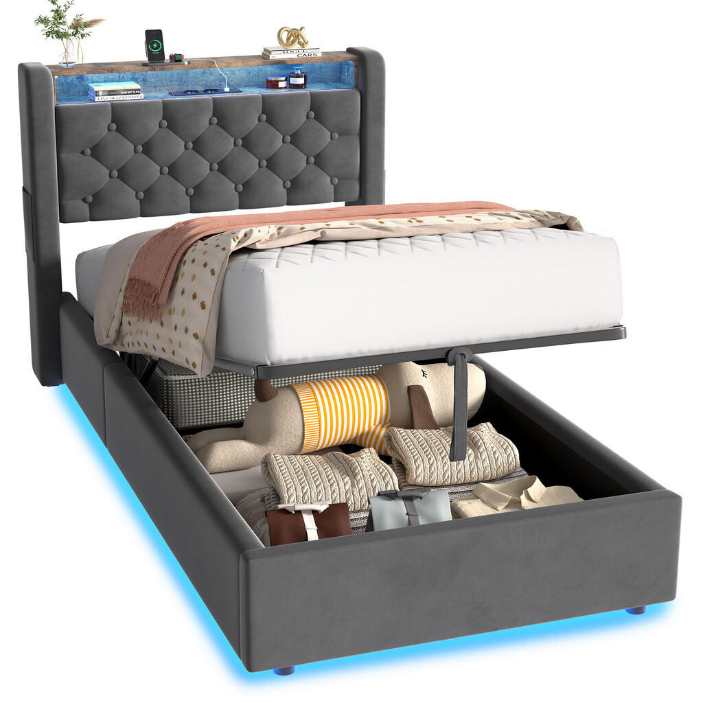 OKWISH ČALOUNĚNÁ postel 90/200 cm šedá s hydraulickým úložným prostorem, LED osvětlením a USB porty
