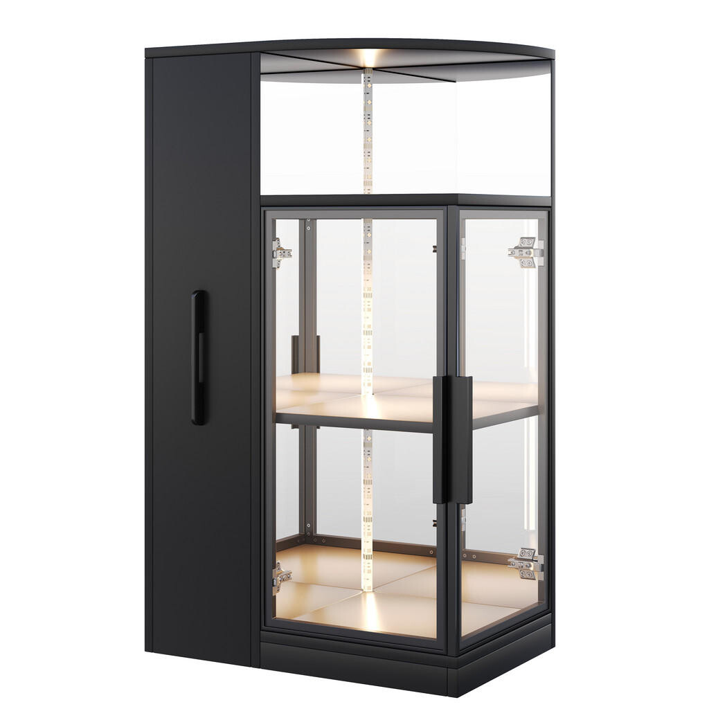 FLIEKS VITRÍNA LED 112cm Černá ESG Sklo Výsuvná