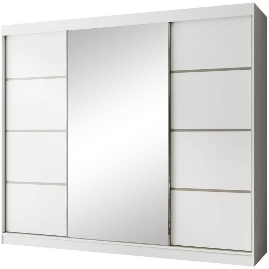 Beautysofa POSUVNÁ šatní skříň Paco 250/215/61, 3dveřová, bílá, se zrcadlem