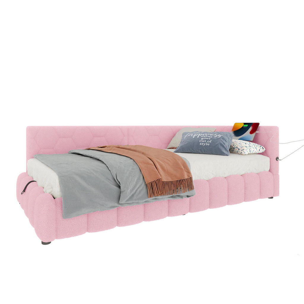 OKWISH DENNÍ postel 90/200 cm růžová z veluru s LED osvětlením a úložným prostorem
