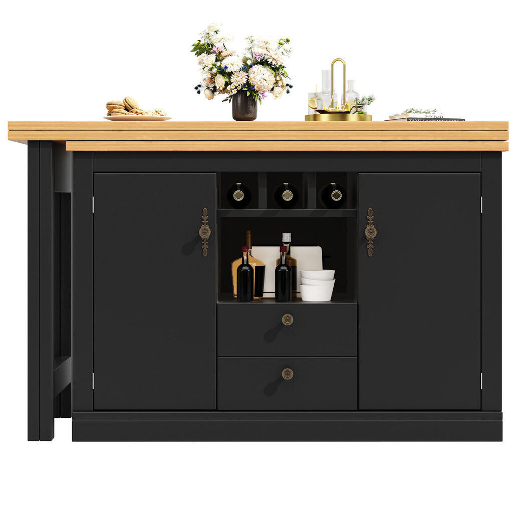 Redom BAROVÝ stůl 120-180/40/76 cm s otočnou deskou, úložným prostorem a policí na víno, MDF, Černá/Přírodní
