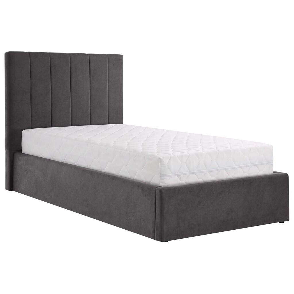 Beautysofa ČALOUNĚNÁ POSTEL Melvio, jednolůžko 90 × 200 cm s úložným prostorem a taštičkovou matrací 26 cm, tmavě šedá