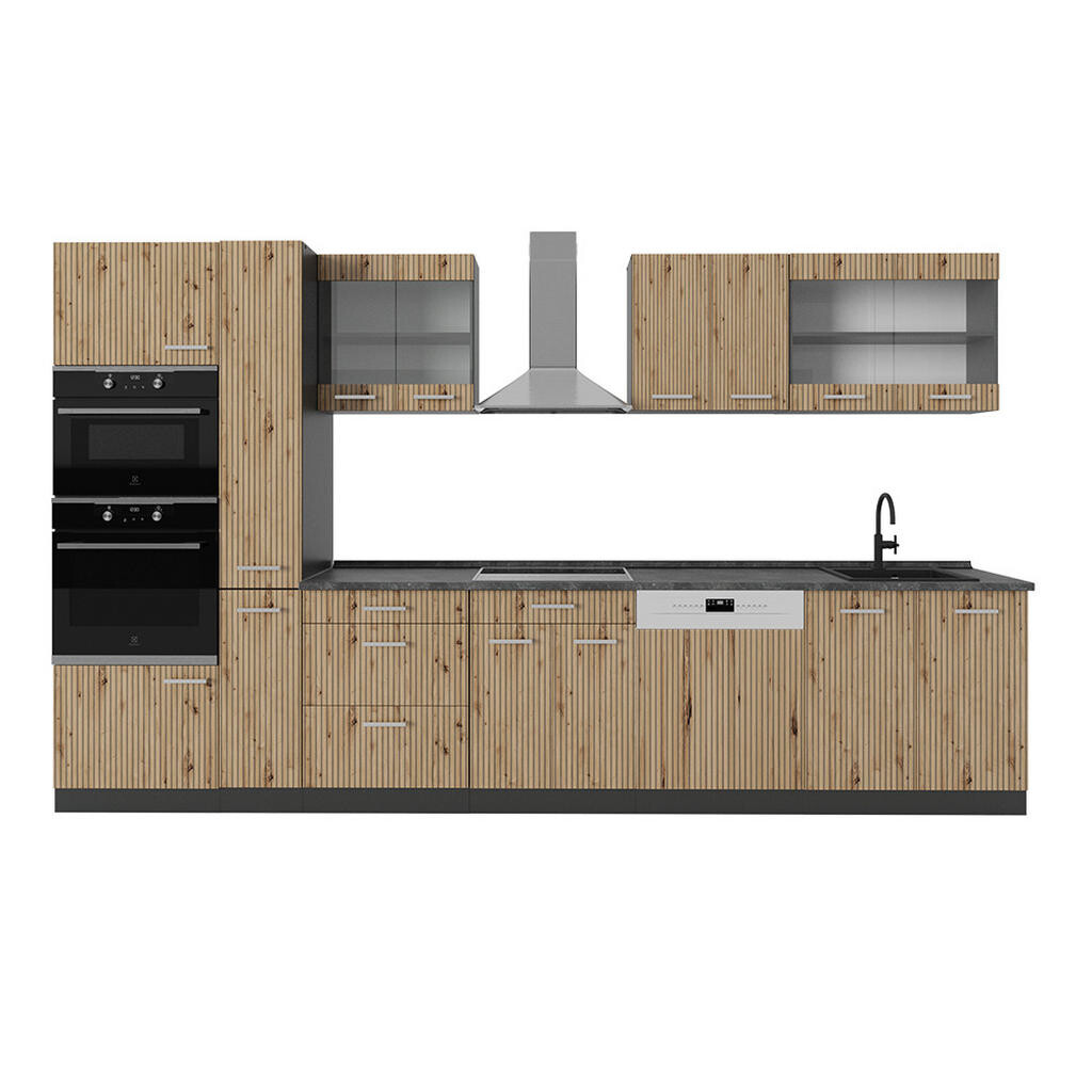 Vicco KUCHYNĚ R-Line Dub Artisan/antracit 350 cm s vysokou skříní, PD Antracit