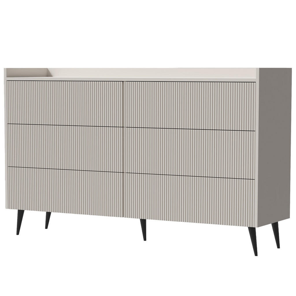 Beautysofa KOMODA Amfali se 6 zásuvkami, drážkovaná čela, systém Push-to-open, kovové nohy, 150 cm, kašmír