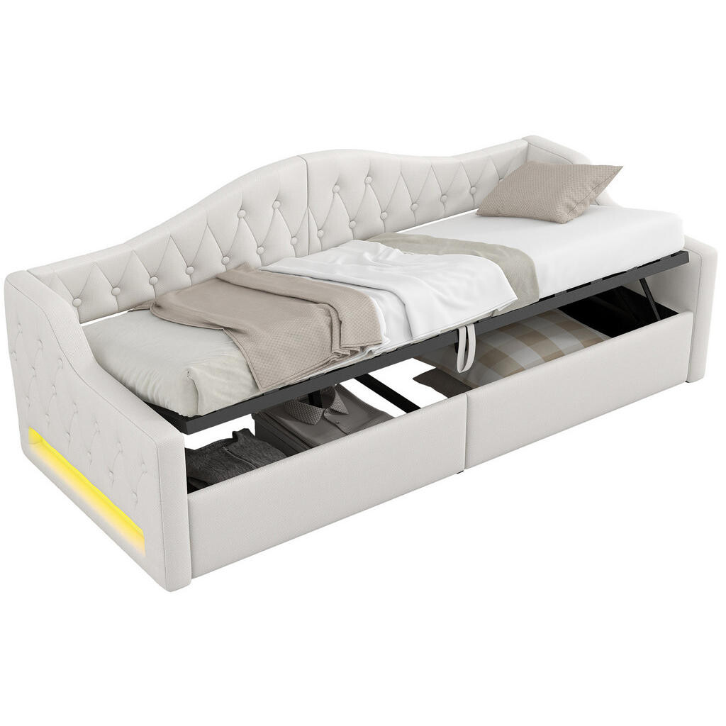 OKWISH ČALOUNĚNÁ postel 90/200 cm béžová z MDF a překližky s LED osvětlením a úložným prostorem