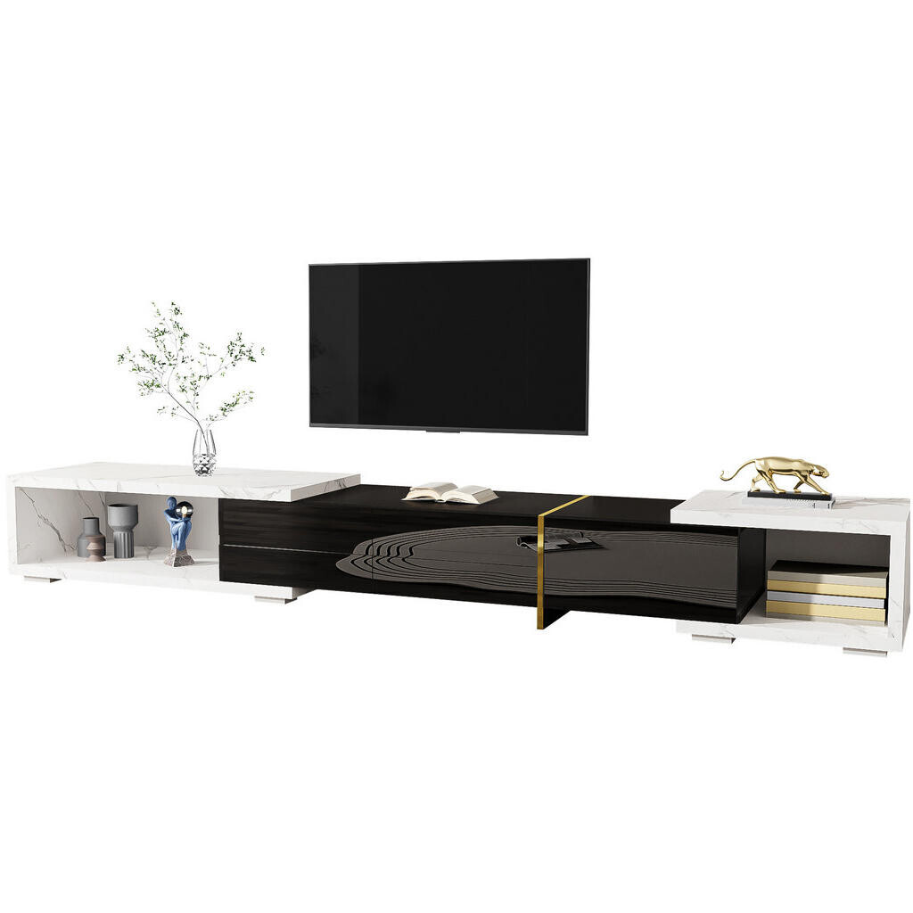 Redom TV stolek 140-260 cm s otočnou a roztažitelnou funkcí, velký úložný prostor, Černá/bílý mramor