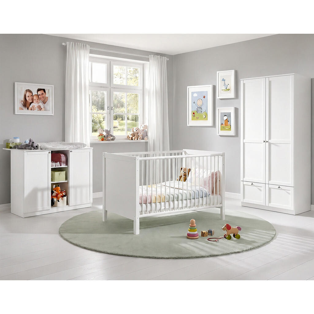 luma-home 3DÍLNÁ SADA DO DĚTSKÉHO POKOJE: dětská postýlka, přebalovací komoda a dvoudveřová skříň se zásuvkami, 90 × 200 × 58 cm (Š×V×H), bílá / 22802
