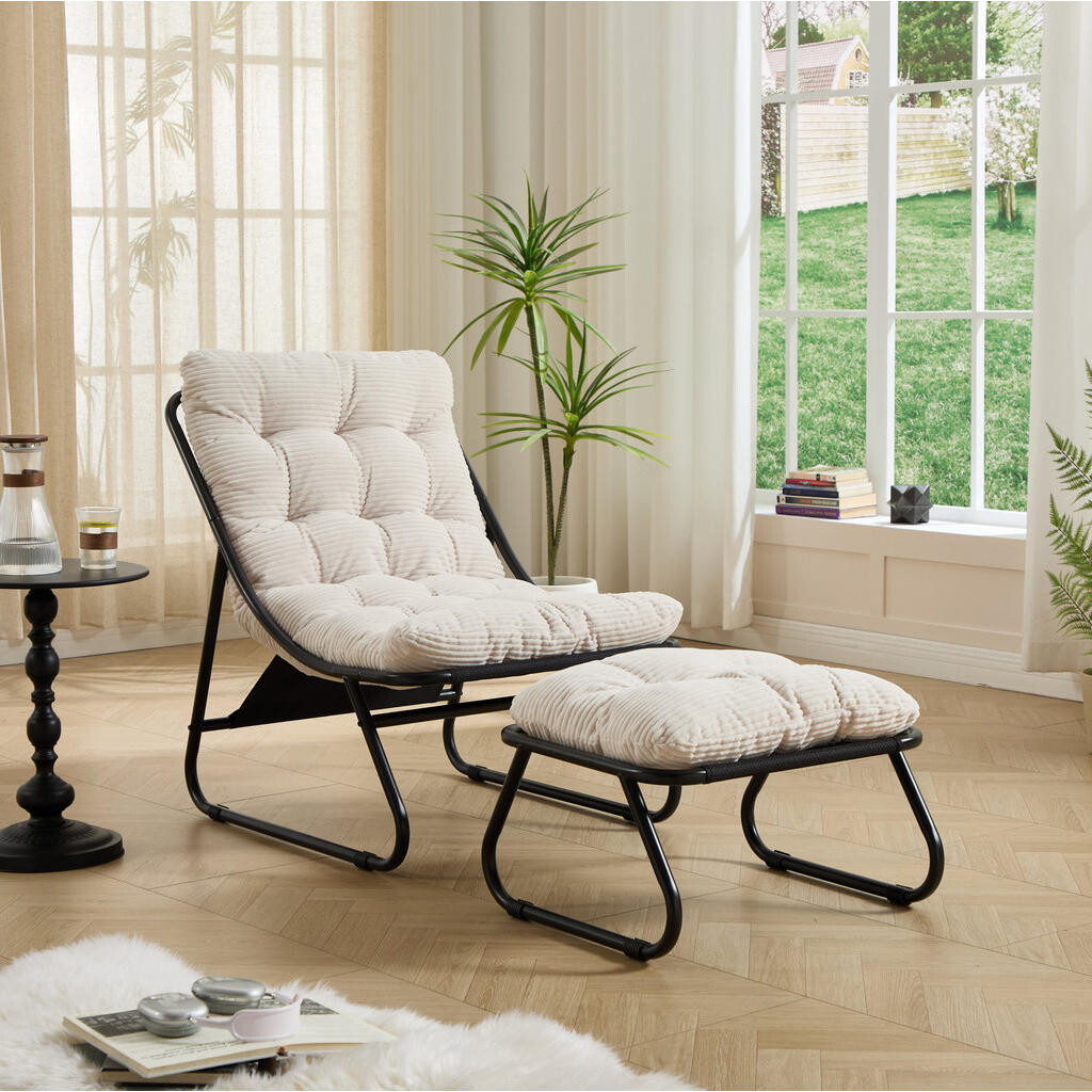 OKWISH RELAXAČNÍ křeslo s podnožkou 65/78/86 cm bílo-černé z oceli s měkkým polstrováním