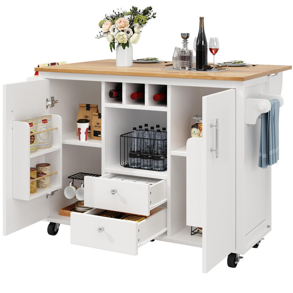 Redom KUCHYŇSKÝ ostrůvek 137,9/73/92,2 cm s klopnou pracovní deskou, úložným prostorem a kolečky, Bílá
