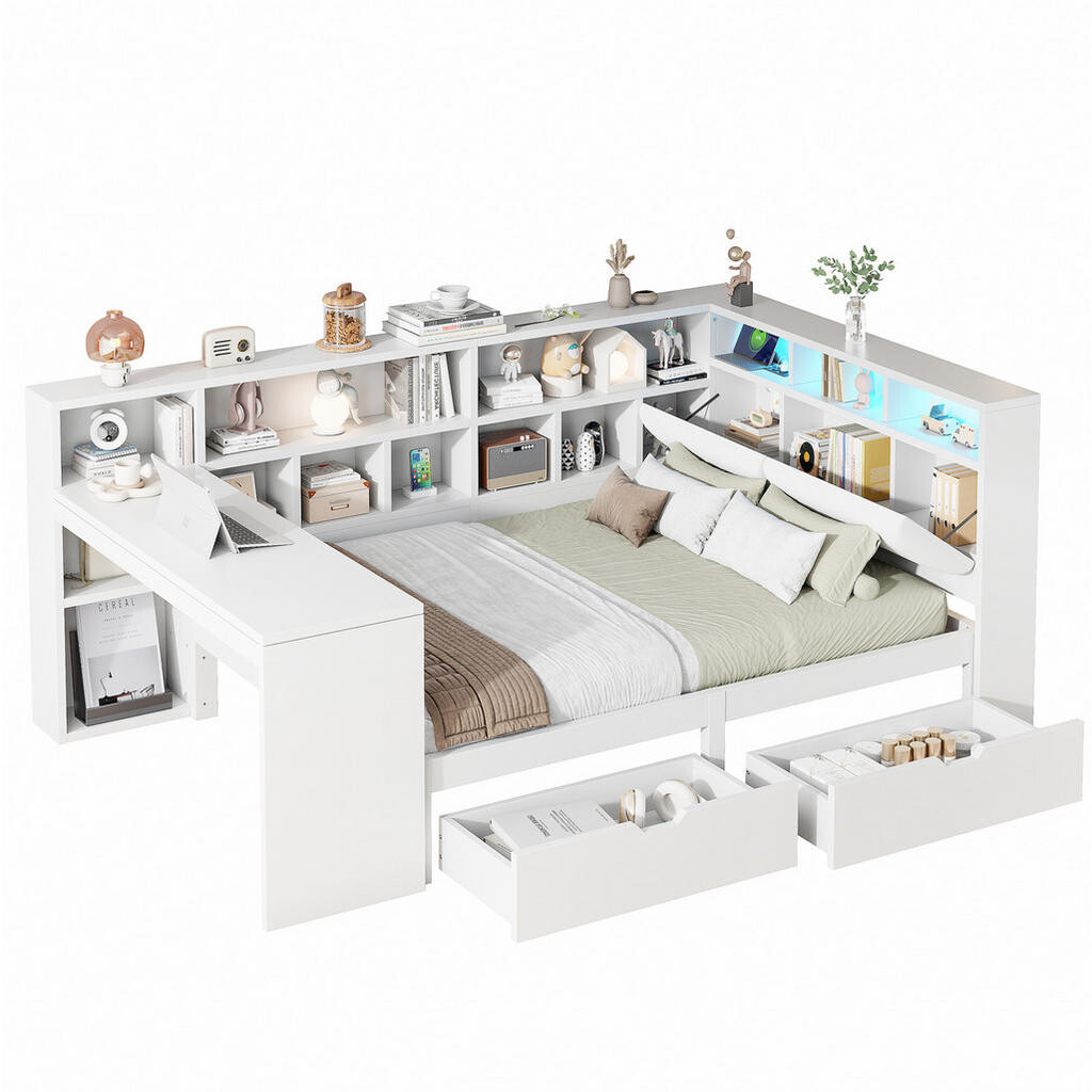 Redom POSTEL 140/200 cm s LED osvětlením, USB nabíjecí stanicí, psacím stolem a úložným prostorem, Bílá