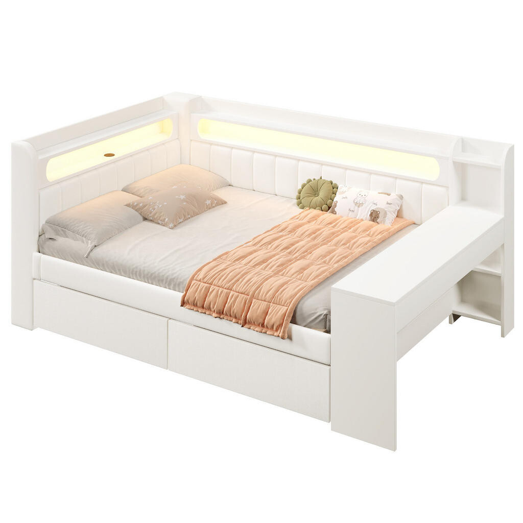 Redom ČALOUNĚNÁ postel 140/200 cm s LED osvětlením, USB, psacím stolem a 2 zásuvkami, Bílá