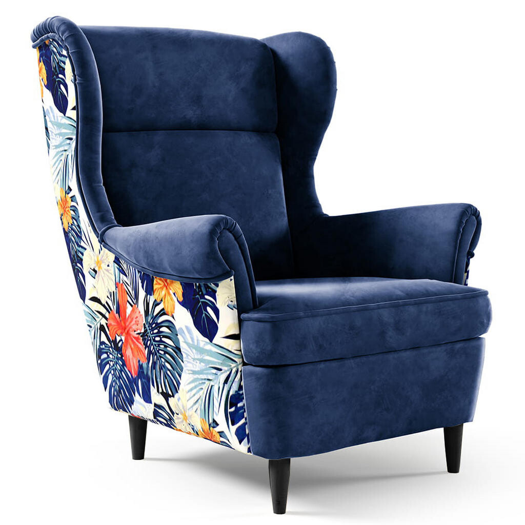 Beautysofa KŘESLO ušák Havana ve skandinávském stylu, tmavě modrá, s nohami v barvě wenge