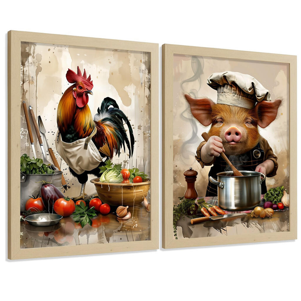 Nacnic PLAKAT Sada 2 Animal Chef A3 Lehký dřevěný rám