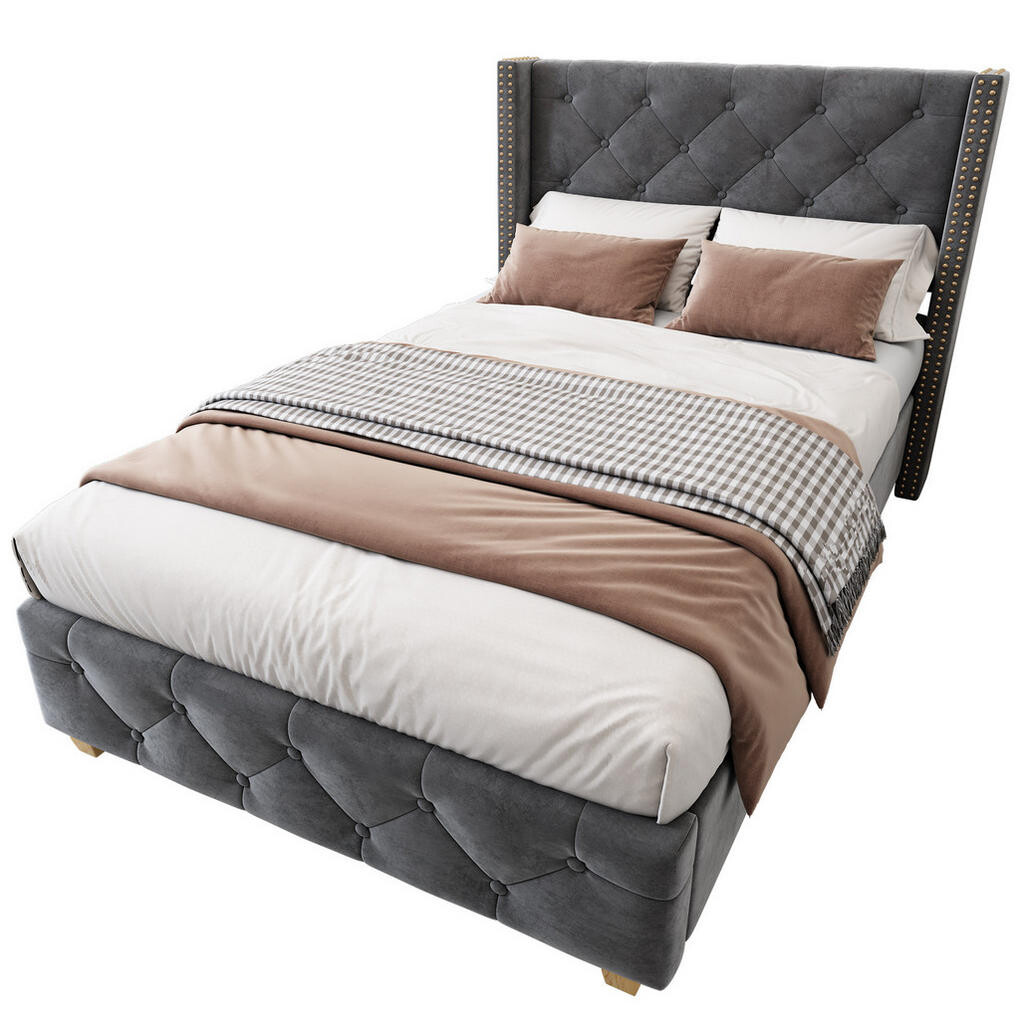 OKWISH ČALOUNĚNÁ postel 90/200 cm šedá ze sametu s čalouněným čelem, knoflíkovým prošitím a kovovými cvočky