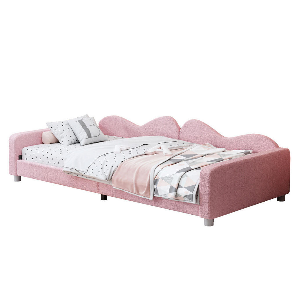 OKWISH DĚTSKÁ postel 214,5/95/42 cm růžová z MDF, sametu a kovu s opěrkou zad a bočnicemi