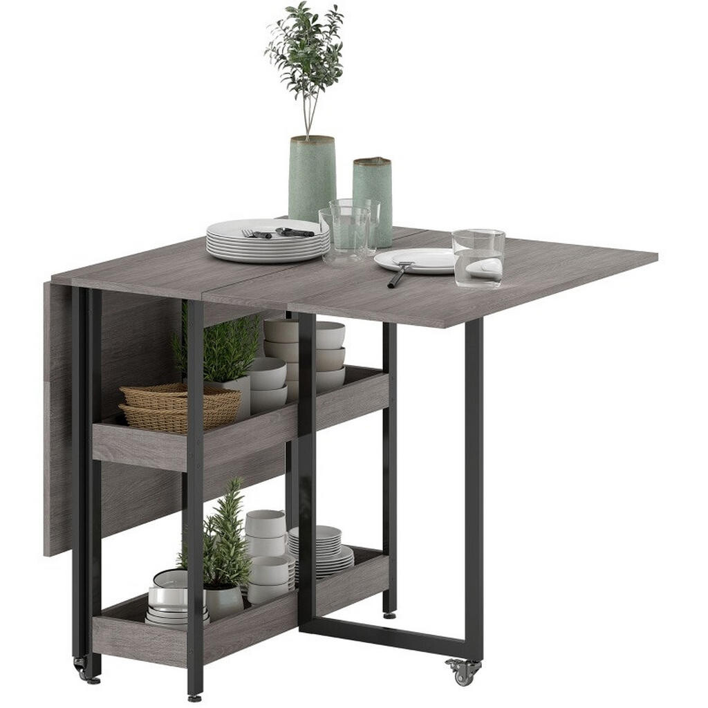 Redom SKLÁDACÍ jídelní stůl 133,4/80/75 cm s 2 otevřenými přihrádkami, kolečky s brzdou a stabilní konstrukcí, Šedá