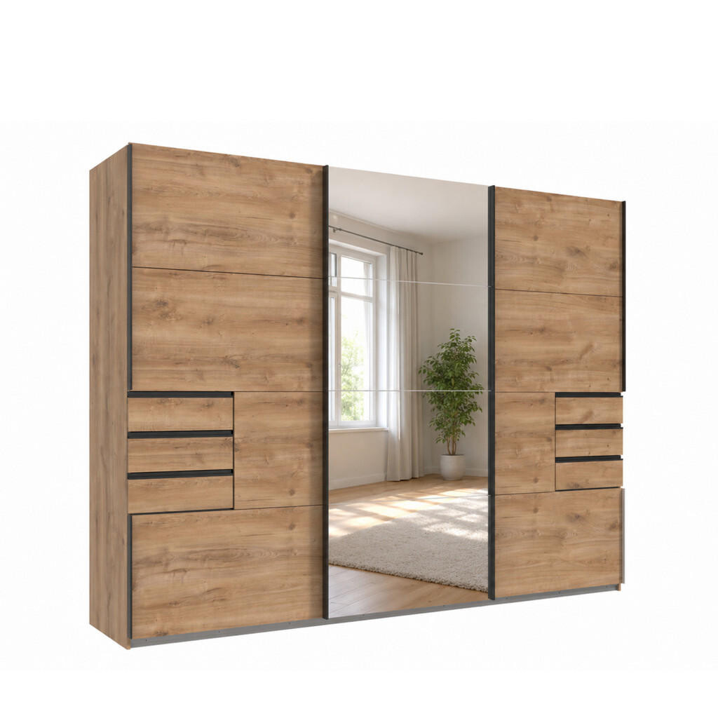 luma-home SKŘÍŇ S POSUVNÝMI DVEŘMI, 3dveřová, šířka 270 cm, výška 208 cm, hloubka 64 cm, dekor dub, jedny zrcadlové dveře, se zásuvkami / 22612