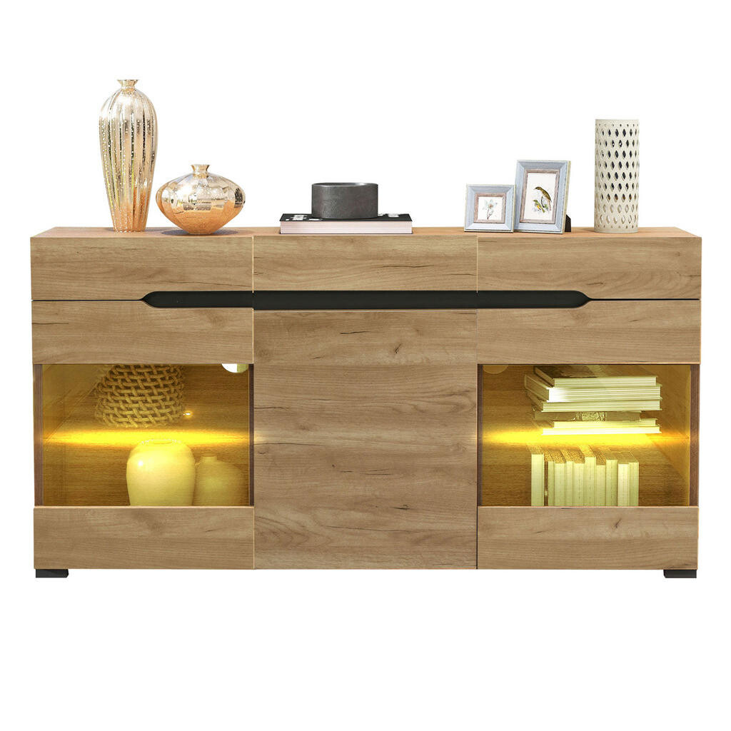 OKWISH BOČNÍ skříň 140/35/80 cm dubová z dřevotřísky s LED osvětlením a úložnými přihrádkami