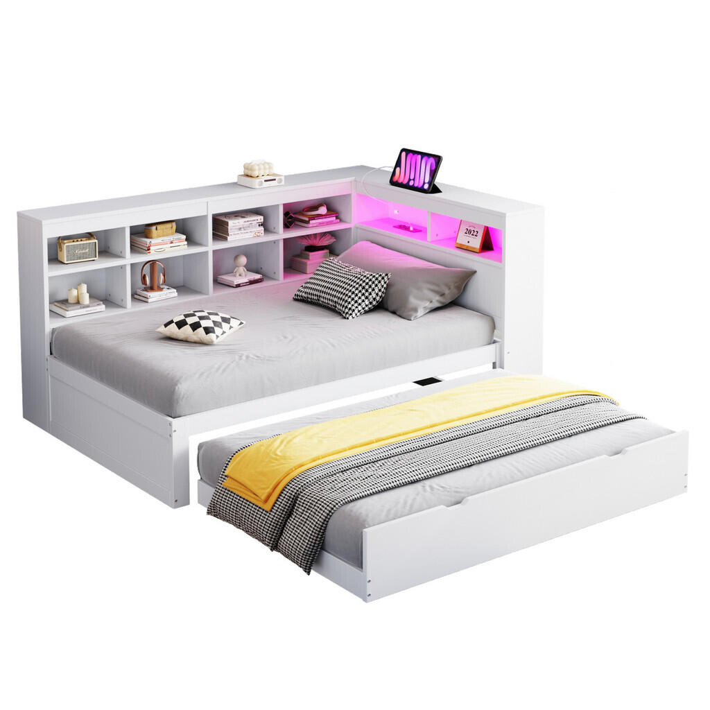 OKWISH POSTEL s výsuvným lůžkem 90/200 cm bílá z masivu s USB, LED a úložným prostorem