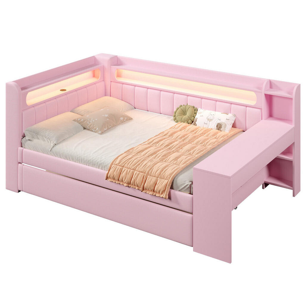 OKWISH ČALOUNĚNÁ postel 140/200 cm růžová z MDF a překližky s LED, USB, výsuvným lůžkem a stolem