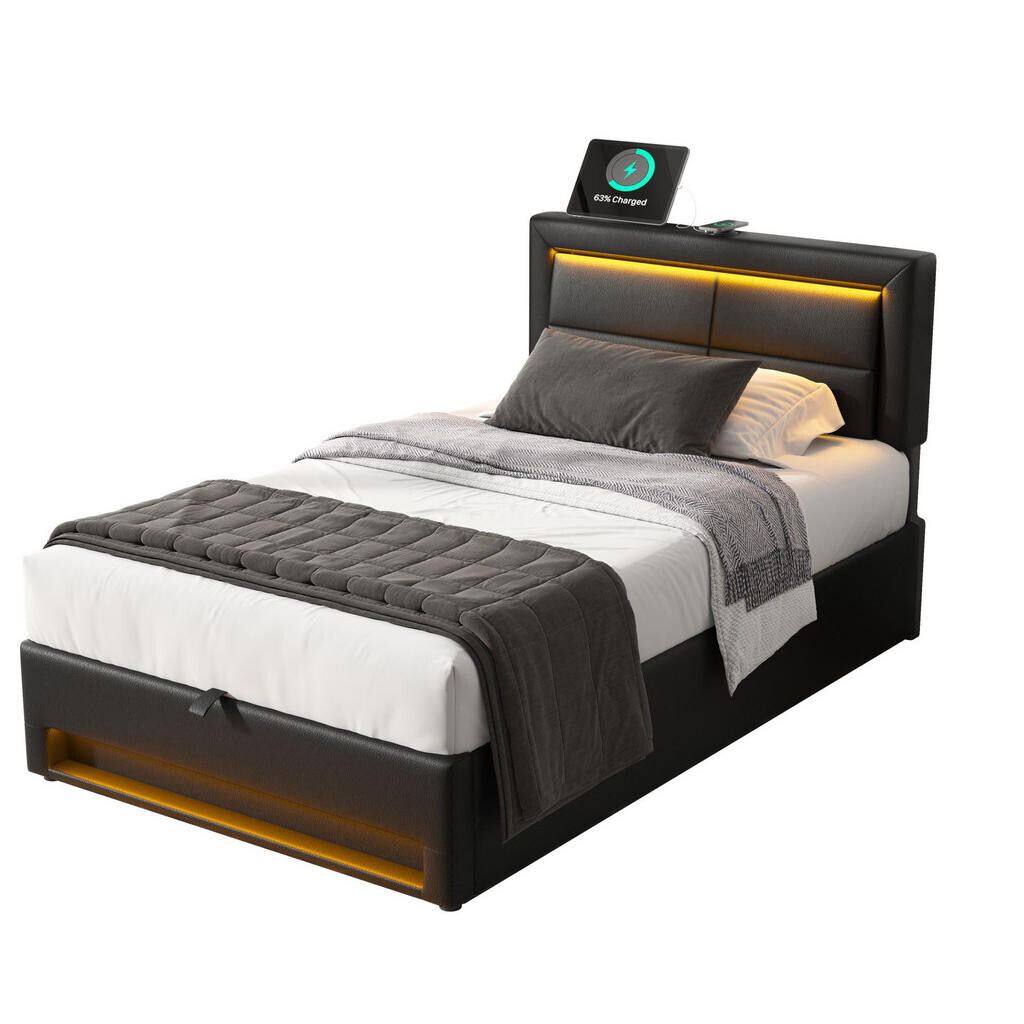 OKWISH ČALOUNĚNÁ postel 90/200 cm černá z PU s LED osvětlením USB nabíjením a úložným prostorem