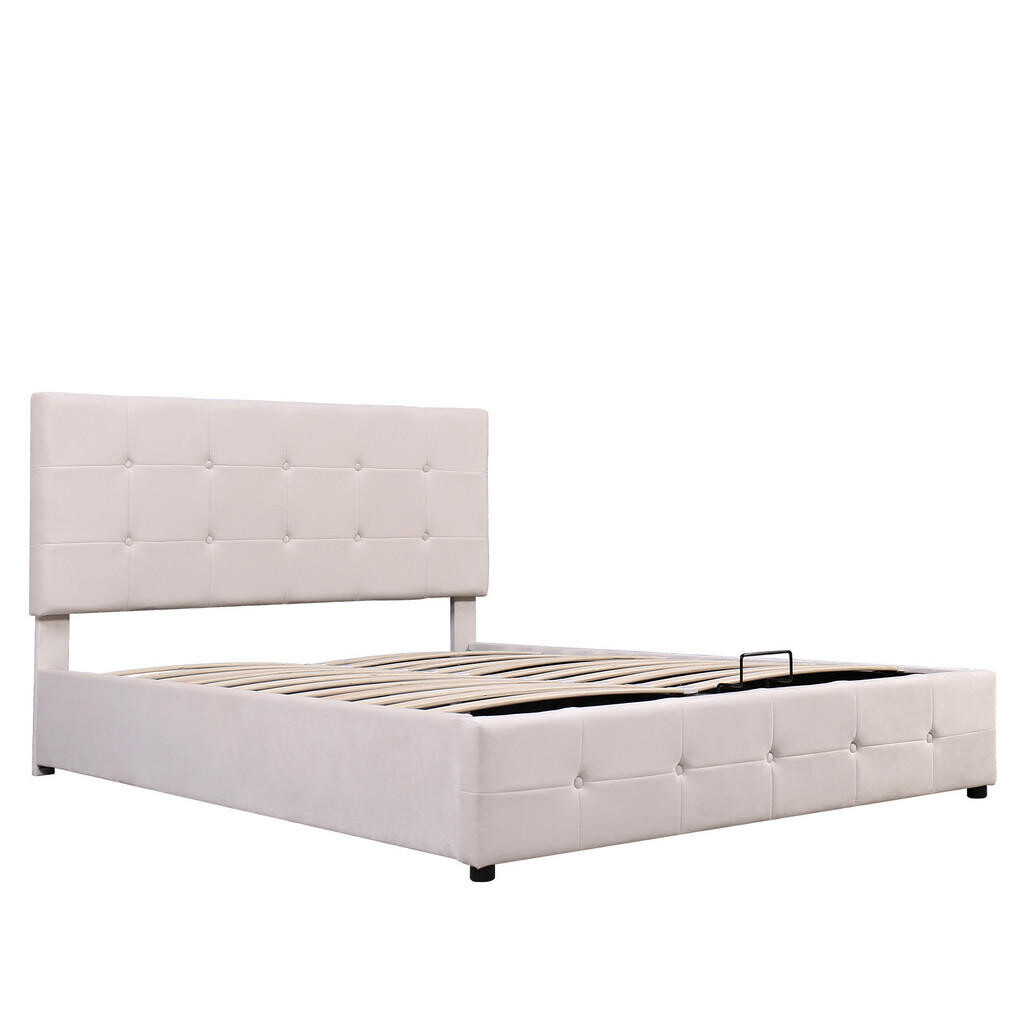OKWISH ČALOUNĚNÁ postel 140/200 cm krémově bílá ze sametu s úložným prostorem a nastavitelným čelem