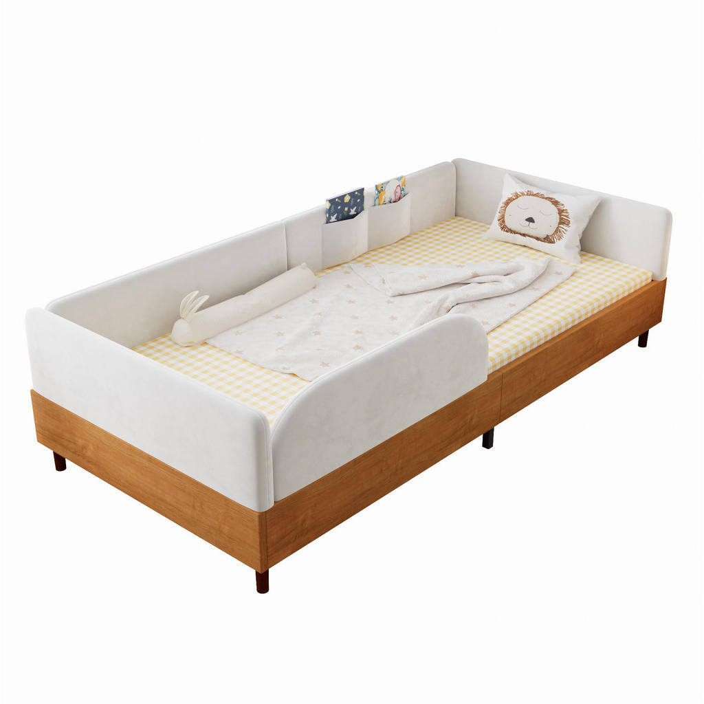 OKWISH ČALOUNĚNÁ postel 90x200 cm bílá z sametu a dřeva se 2 kapsami a ochranným rámem