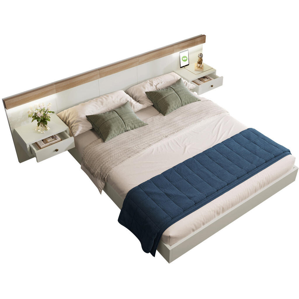 OKWISH MANŽELSKÁ postel 140/200 cm bílá/dub sonoma ze dřeva s LED stolky a USB/USB-C