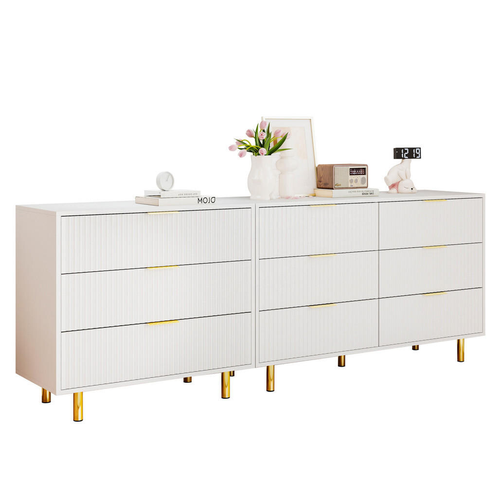 OKWISH KOMODA 200/40/72 cm bílá z MDF s 9 zásuvkami a zlatými úchyty
