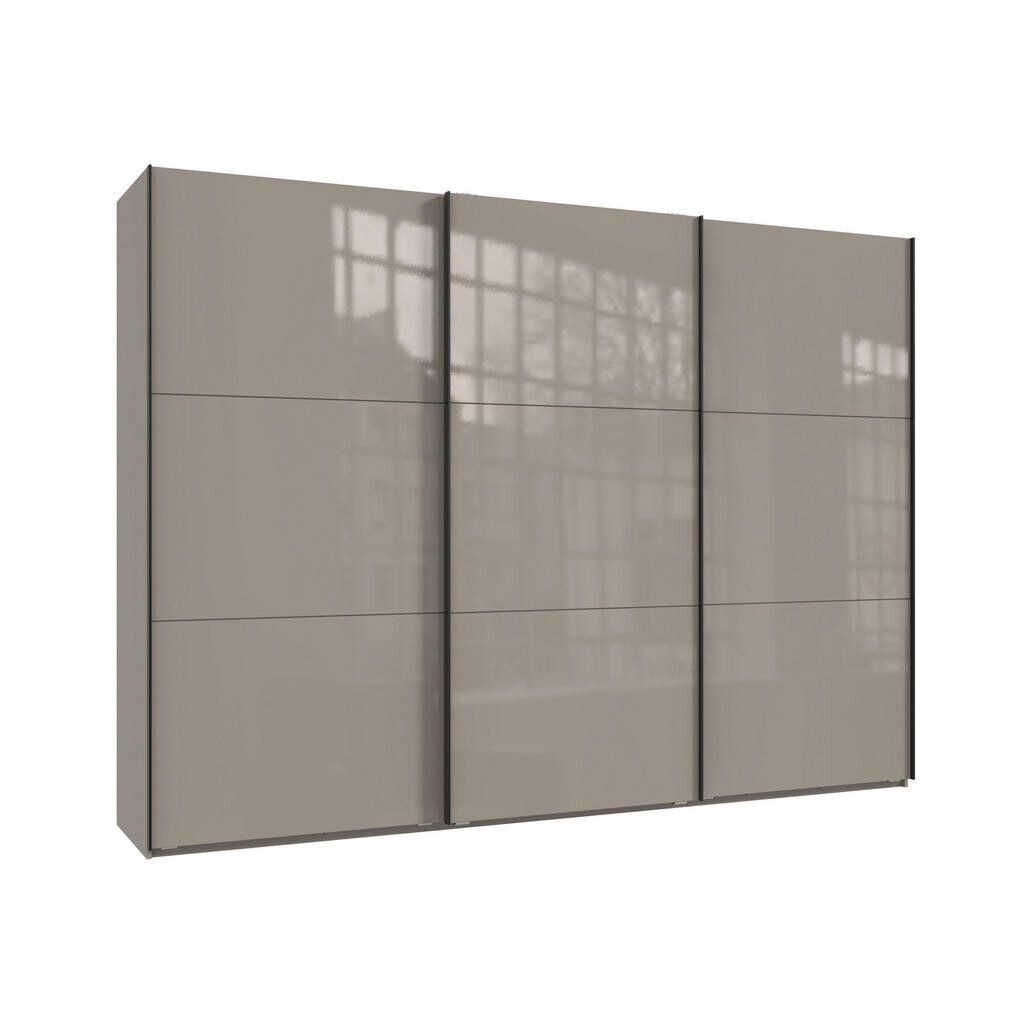 luma-home SKŘÍŇ S POSUVNÝMI DVEŘMI, 3dveřová, 300 × 216 × 65 cm (Š×V×H), v pískově šedé barvě se skleněnými čely, včetně kompletního vybavení / 22037