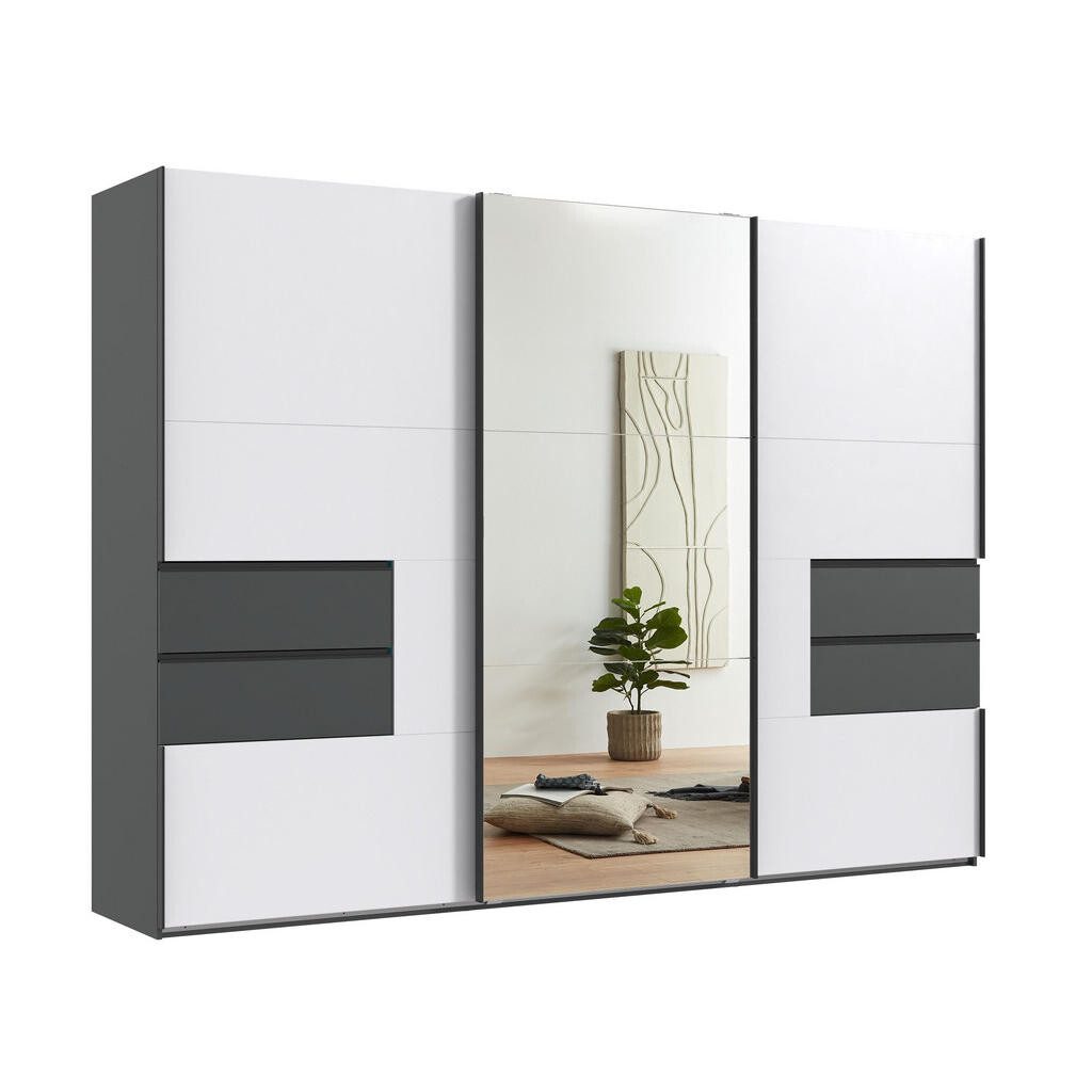luma-home SKŘÍŇ S POSUVNÝMI DVEŘMI, 3dveřová, 300 × 216 × 65 cm (Š×V×H), korpus a zásuvky v barvě grafit, dveře bílé / zrcadlové / 22054
