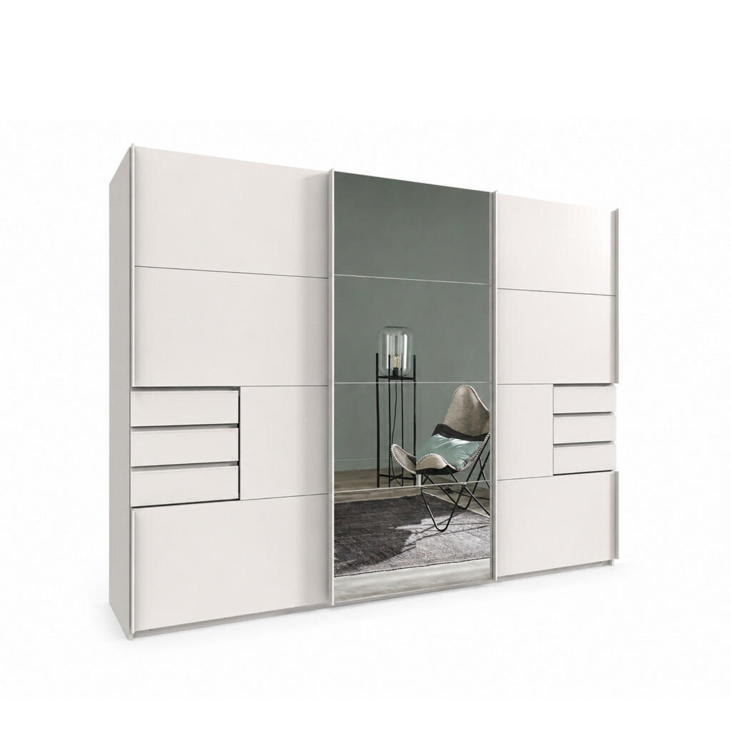 luma-home SKŘÍŇ S POSUVNÝMI DVEŘMI, 3dveřová, šířka 270 cm, výška 208 cm, hloubka 64 cm, bílá, s jedním zrcadlovým křídlem, se zásuvkami / 22613