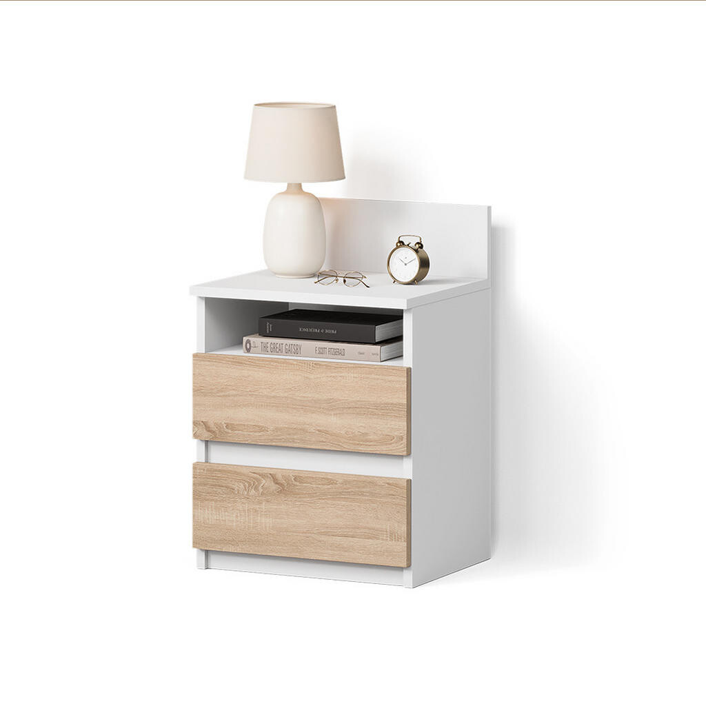 Livinity® NOČNÍ STOLEK Roya, Bílá/Sonoma, 39.6 x 59.1 cm se 2 zásuvkami
